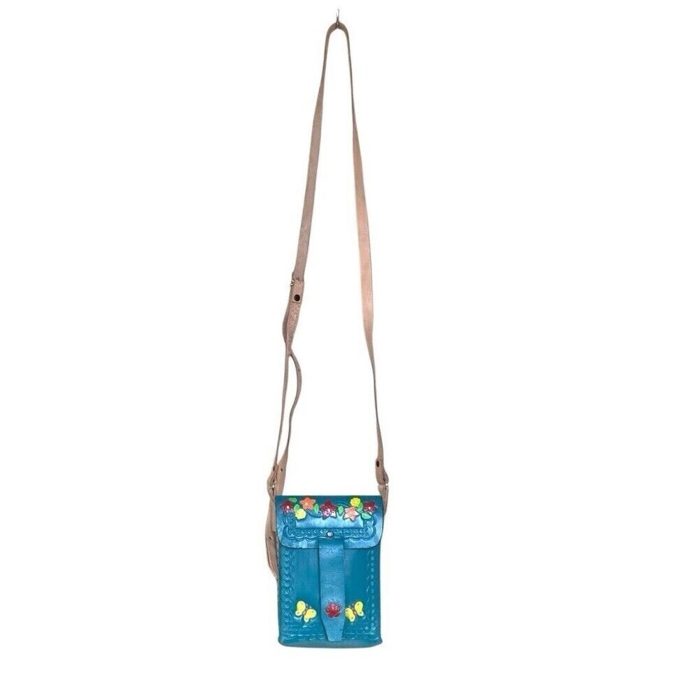 Colorful Leather Crossbody Purse Mini Bag Made In Mexico Tooled Floral Festival - Picture 3 of 9
